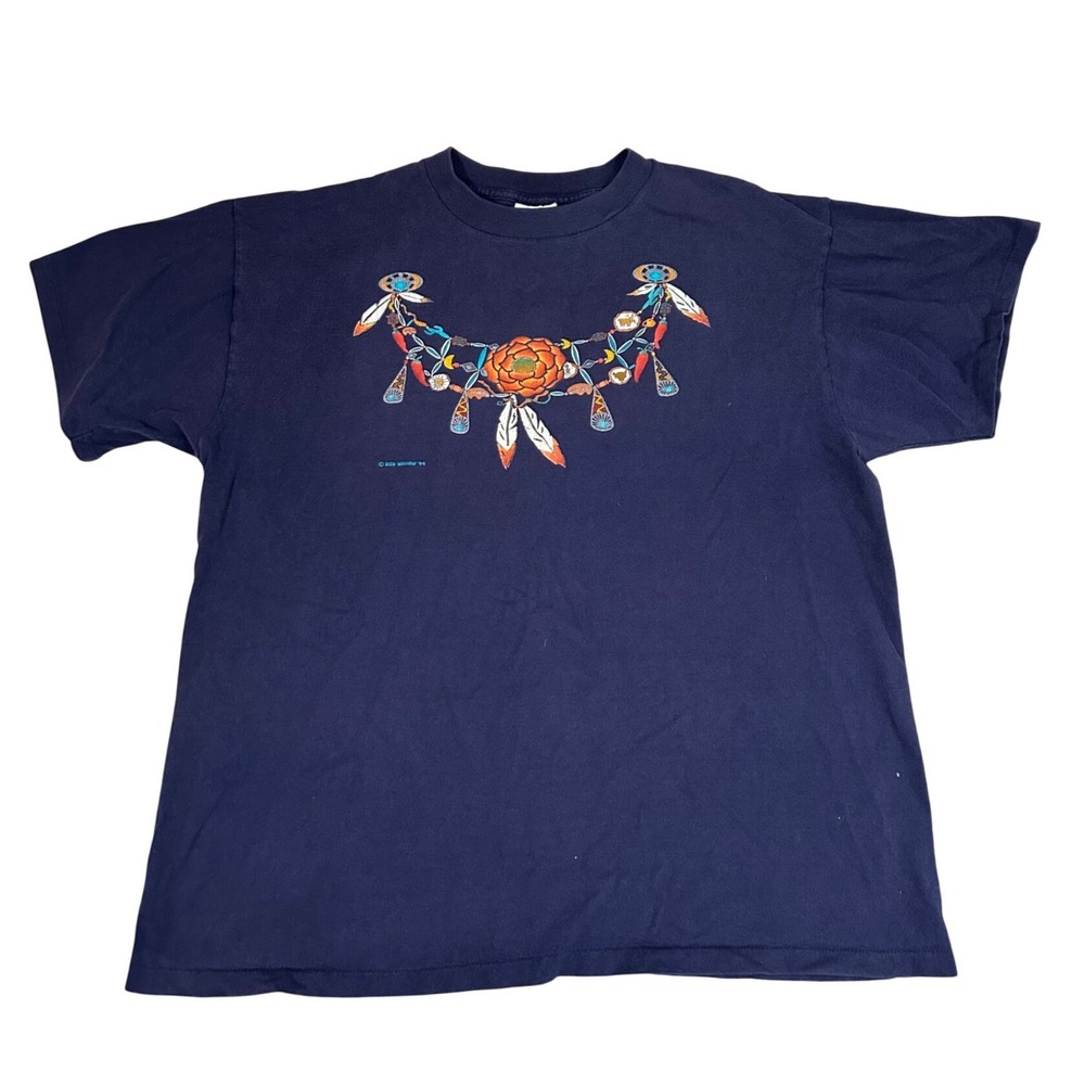 Vintage 90s Native Feather Necklace Graphic T Shirt Mens‎ XL Western Cotton